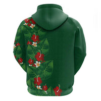 Hawaiian Taro Leaves-Hibiscus and Plumeria Zip Hoodie Polynesian Art-Kakau Tattoo Green