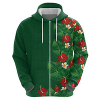 Hawaiian Taro Leaves-Hibiscus and Plumeria Zip Hoodie Polynesian Art-Kakau Tattoo Green