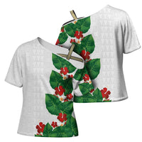 Hawaiian Taro Leaves-Hibiscus and Plumeria Cross Shoulder Shirt Polynesian Art-Kakau Tattoo White LT03 - Polynesian Pride