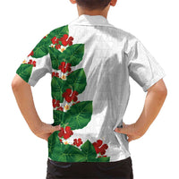 Hawaiian Taro Leaves-Hibiscus and Plumeria Family Matching Off Shoulder Short Dress and Hawaiian Shirt Polynesian Art-Kakau Tattoo White LT03 - Polynesian Pride