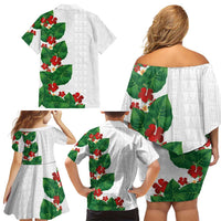 Hawaiian Taro Leaves-Hibiscus and Plumeria Family Matching Off Shoulder Short Dress and Hawaiian Shirt Polynesian Art-Kakau Tattoo White LT03 - Polynesian Pride