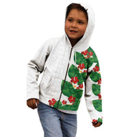Hawaiian Taro Leaves-Hibiscus and Plumeria Kid Hoodie Polynesian Art-Kakau Tattoo White