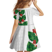 Hawaiian Taro Leaves-Hibiscus and Plumeria Kid Short Sleeve Dress Polynesian Art-Kakau Tattoo White