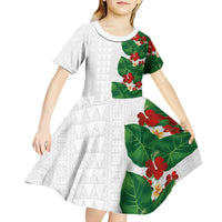Hawaiian Taro Leaves-Hibiscus and Plumeria Kid Short Sleeve Dress Polynesian Art-Kakau Tattoo White