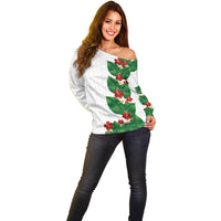 Hawaiian Taro Leaves-Hibiscus and Plumeria Off Shoulder Sweater Polynesian Art-Kakau Tattoo White LT03 - Polynesian Pride