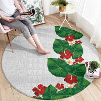 Hawaiian Taro Leaves-Hibiscus and Plumeria Round Carpet Polynesian Art-Kakau Tattoo White LT03 - Polynesian Pride