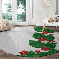 Hawaiian Taro Leaves-Hibiscus and Plumeria Round Carpet Polynesian Art-Kakau Tattoo White LT03 - Polynesian Pride