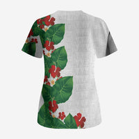 Hawaiian Taro Leaves-Hibiscus and Plumeria Scrub Top Polynesian Art-Kakau Tattoo White LT03 - Polynesian Pride
