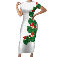 Hawaiian Taro Leaves-Hibiscus and Plumeria Short Sleeve Bodycon Dress Polynesian Art-Kakau Tattoo White