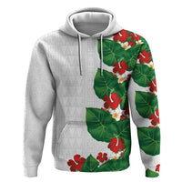 Hawaiian Taro Leaves-Hibiscus and Plumeria Zip Hoodie Polynesian Art-Kakau Tattoo White
