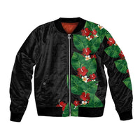 Hawaiian Taro Leaves-Hibiscus and Plumeria Bomber Jacket Polynesian Art-Kakau Tattoo Black LT03 Unisex Black - Polynesian Pride