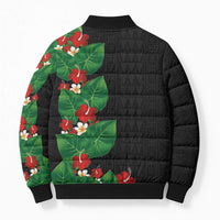 Hawaiian Taro Leaves-Hibiscus and Plumeria Bomber Puffer Jacket Polynesian Art-Kakau Tattoo Black LT03 - Polynesian Pride