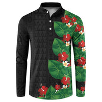 Hawaiian Taro Leaves-Hibiscus and Plumeria Button Sweatshirt Polynesian Art-Kakau Tattoo Black LT03 Black - Polynesian Pride