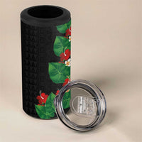 Hawaiian Taro Leaves-Hibiscus and Plumeria 4 in 1 Can Cooler Tumbler Polynesian Art-Kakau Tattoo Black