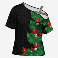 Hawaiian Taro Leaves-Hibiscus and Plumeria Cross Shoulder Shirt Polynesian Art-Kakau Tattoo Black