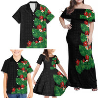 Hawaiian Taro Leaves-Hibiscus and Plumeria Family Matching Off Shoulder Maxi Dress and Hawaiian Shirt Polynesian Art-Kakau Tattoo Black LT03 - Polynesian Pride