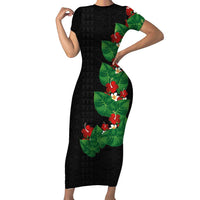 Hawaiian Taro Leaves-Hibiscus and Plumeria Family Matching Short Sleeve Bodycon Dress and Hawaiian Shirt Polynesian Art-Kakau Tattoo Black LT03 Mom's Dress Black - Polynesian Pride