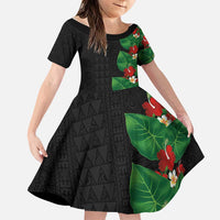 Hawaiian Taro Leaves-Hibiscus and Plumeria Family Matching Tank Maxi Dress and Hawaiian Shirt Polynesian Art-Kakau Tattoo Black LT03 Daughter's Dress Black - Polynesian Pride