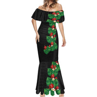 Hawaiian Taro Leaves-Hibiscus and Plumeria Mermaid Dress Polynesian Art-Kakau Tattoo Black