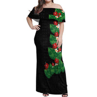 Hawaiian Taro Leaves-Hibiscus and Plumeria Off Shoulder Maxi Dress Polynesian Art-Kakau Tattoo Black