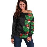 Hawaiian Taro Leaves-Hibiscus and Plumeria Off Shoulder Sweater Polynesian Art-Kakau Tattoo Black LT03 Women Black - Polynesian Pride