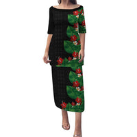 Hawaiian Taro Leaves-Hibiscus and Plumeria Puletasi Polynesian Art-Kakau Tattoo Black LT03 Long Dress Black - Polynesian Pride