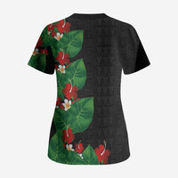 Hawaiian Taro Leaves-Hibiscus and Plumeria Scrub Top Polynesian Art-Kakau Tattoo Black LT03 - Polynesian Pride