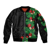 Hawaiian Taro Leaves-Hibiscus and Plumeria Sleeve Zip Bomber Jacket Polynesian Art-Kakau Tattoo Black LT03 Unisex Black - Polynesian Pride