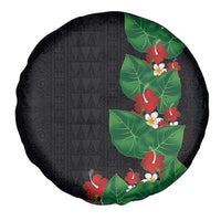 Hawaiian Taro Leaves-Hibiscus and Plumeria Spare Tire Cover Polynesian Art-Kakau Tattoo Black