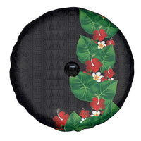 Hawaiian Taro Leaves-Hibiscus and Plumeria Spare Tire Cover Polynesian Art-Kakau Tattoo Black