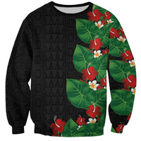 Hawaiian Taro Leaves-Hibiscus and Plumeria Sweatshirt Polynesian Art-Kakau Tattoo Black LT03 Unisex Black - Polynesian Pride