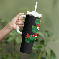 Hawaiian Taro Leaves-Hibiscus and Plumeria Tumbler With Handle Polynesian Art-Kakau Tattoo Black LT03 - Polynesian Pride
