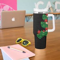 Hawaiian Taro Leaves-Hibiscus and Plumeria Tumbler With Handle Polynesian Art-Kakau Tattoo Black LT03 - Polynesian Pride