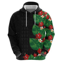 Hawaiian Taro Leaves-Hibiscus and Plumeria Zip Hoodie Polynesian Art-Kakau Tattoo Black