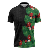 Hawaiian Taro Leaves-Hibiscus and Plumeria Zipper Polo Shirt Polynesian Art-Kakau Tattoo Black