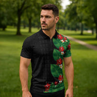 Hawaiian Taro Leaves-Hibiscus and Plumeria Zipper Polo Shirt Polynesian Art-Kakau Tattoo Black