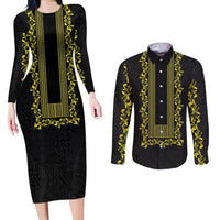 Philippines Polynesian Floral Pattern Couples Matching Long Sleeve Bodycon Dress and Long Sleeve Button Shirt With Barong Tagalog Black Style