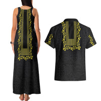 Philippines Polynesian Floral Pattern Couples Matching Tank Maxi Dress and Hawaiian Shirt With Barong Tagalog Black Style
