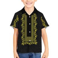 Philippines Polynesian Floral Pattern Family Matching Short Sleeve Bodycon Dress and Hawaiian Shirt With Barong Tagalog Black Style