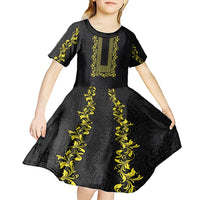 Philippines Polynesian Floral Pattern Kid Short Sleeve Dress With Barong Tagalog Black Style