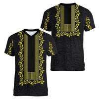 Philippines Polynesian Floral Pattern Women V-Neck T-Shirt With Barong Tagalog Black Style