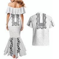 Philippines Polynesian Floral Pattern Couples Matching Mermaid Dress and Hawaiian Shirt With Barong Tagalog White Style