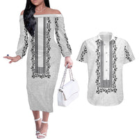 Philippines Polynesian Floral Pattern Couples Matching Off The Shoulder Long Sleeve Dress and Hawaiian Shirt With Barong Tagalog White Style