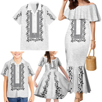 Philippines Polynesian Floral Pattern Family Matching Mermaid Dress and Hawaiian Shirt With Barong Tagalog White Style