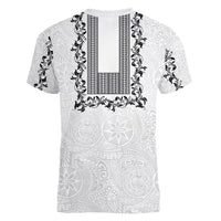 Philippines Polynesian Floral Pattern Women V-Neck T-Shirt With Barong Tagalog White Style