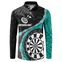 Personalised New Zealand Darts Button Sweatshirt Koru Tribal Tattoo and Silver Fern Maori Pattern Teal Color LT03 Teal - Polynesian Pride