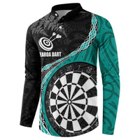 Personalised New Zealand Darts Button Sweatshirt Koru Tribal Tattoo and Silver Fern Maori Pattern Teal Color LT03 - Polynesian Pride