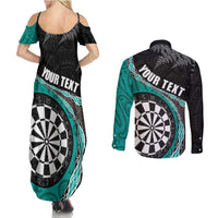 Personalised New Zealand Darts Couples Matching Summer Maxi Dress and Long Sleeve Button Shirt Koru Tribal Tattoo and Silver Fern Maori Pattern Teal Color