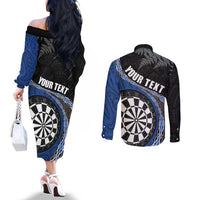 Personalised New Zealand Darts Couples Matching Off The Shoulder Long Sleeve Dress and Long Sleeve Button Shirt Koru Tribal Tattoo and Silver Fern Maori Pattern Blue Color LT03 - Polynesian Pride