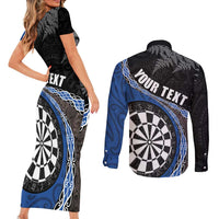 Personalised New Zealand Darts Couples Matching Short Sleeve Bodycon Dress and Long Sleeve Button Shirt Koru Tribal Tattoo and Silver Fern Maori Pattern Blue Color LT03 - Polynesian Pride